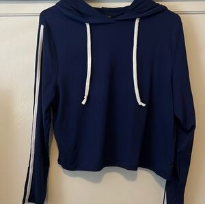 Navy Blue Long Sleeve Hoodie with White Stripes